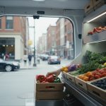 View from inside a refrigerated delivery van parked on a city street, its shelves stocked with crates of fresh produce as a hand reaches for a box of peppers.
