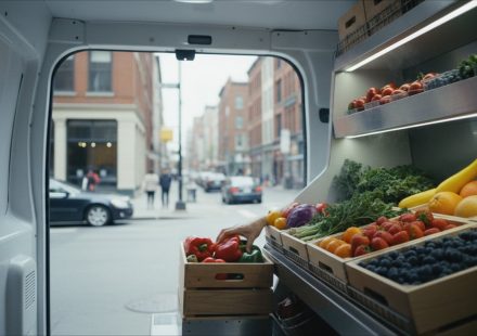 View from inside a refrigerated delivery van parked on a city street, its shelves stocked with crates of fresh produce as a hand reaches for a box of peppers.