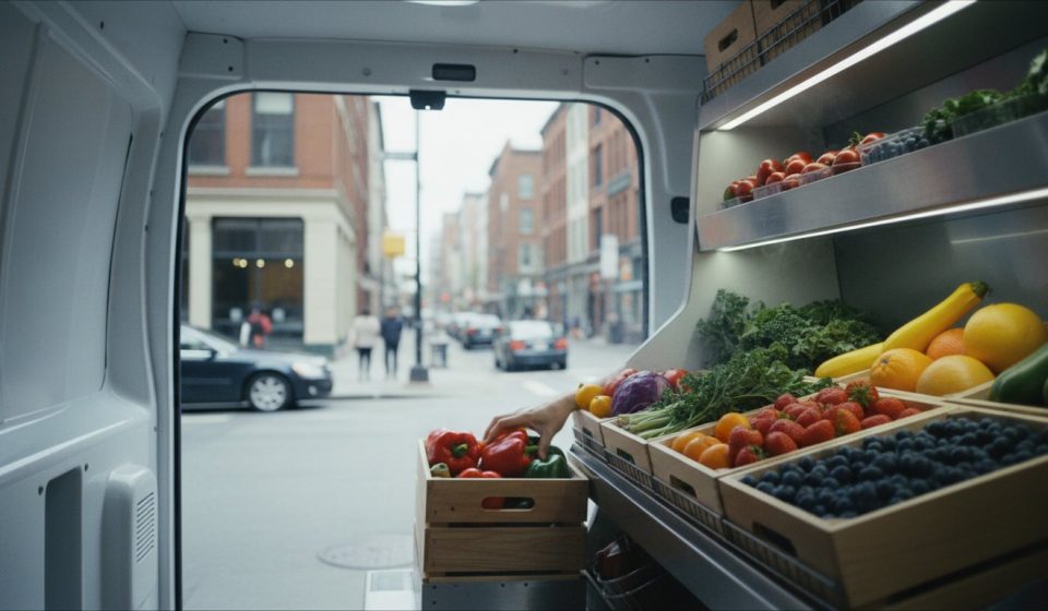 View from inside a refrigerated delivery van parked on a city street, its shelves stocked with crates of fresh produce as a hand reaches for a box of peppers.