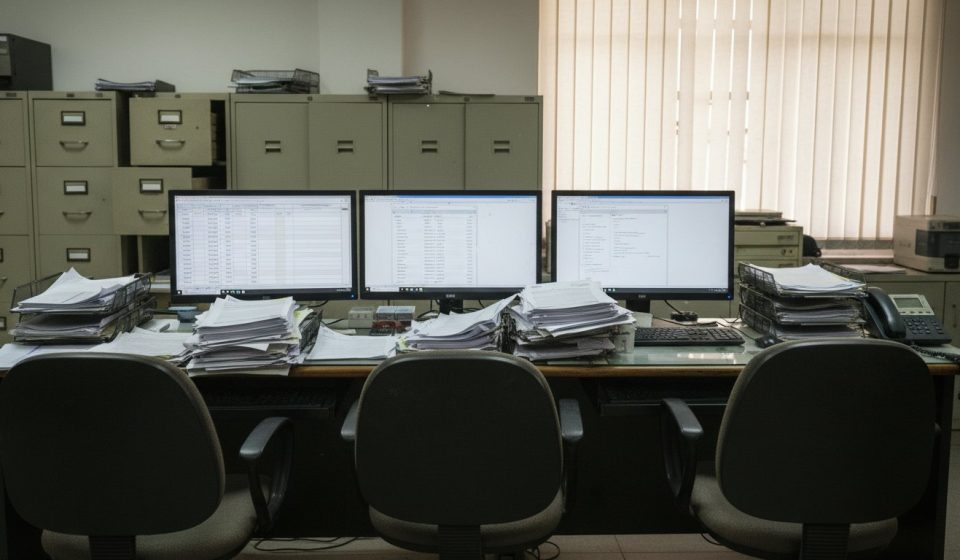 An empty back-office workstation with three monitors showing spreadsheets and database records, surrounded by thick stacks of paper and rows of olive-green filing cabinets.