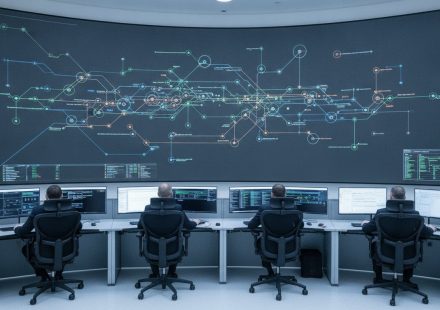 Four operators seated at a console watching a large curved wall display of a colour-coded network topology diagram in a bright control room.