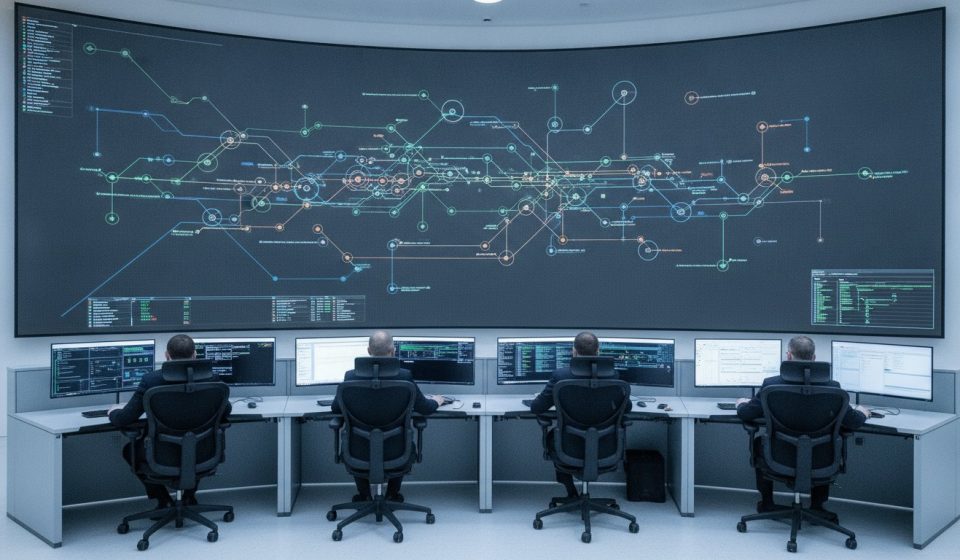 Four operators seated at a console watching a large curved wall display of a colour-coded network topology diagram in a bright control room.