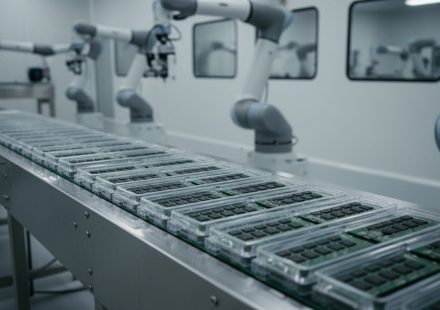 Circuit boards in clear plastic trays moving along a conveyor in a cleanroom, with white robotic arms positioned along the line.