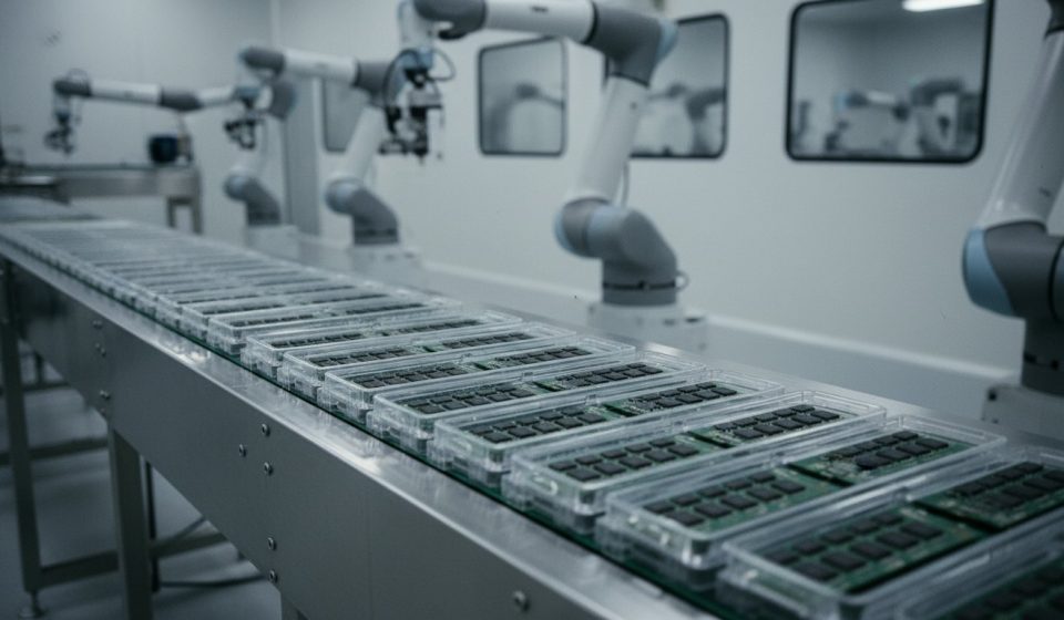 Circuit boards in clear plastic trays moving along a conveyor in a cleanroom, with white robotic arms positioned along the line.