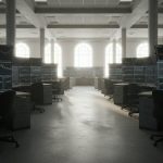 A deserted trading floor in a high-ceilinged hall, with banks of empty desks and curved monitor walls displaying candlestick charts, lit only by tall arched windows.