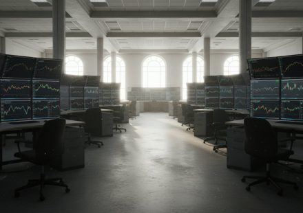 A deserted trading floor in a high-ceilinged hall, with banks of empty desks and curved monitor walls displaying candlestick charts, lit only by tall arched windows.
