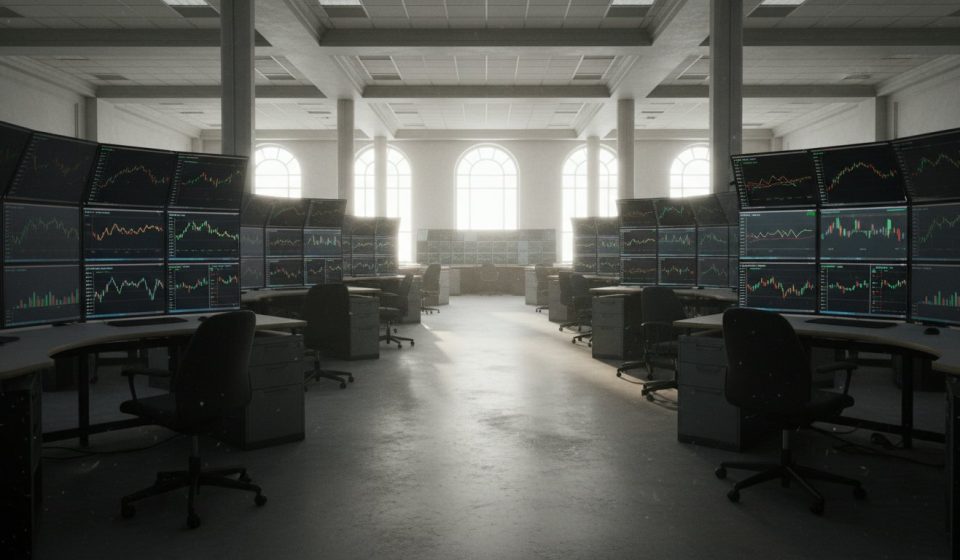 A deserted trading floor in a high-ceilinged hall, with banks of empty desks and curved monitor walls displaying candlestick charts, lit only by tall arched windows.