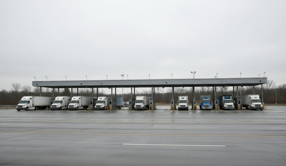 A row of transport trucks parked under a long canopy at a quiet border inspection plaza on a wet, overcast day.