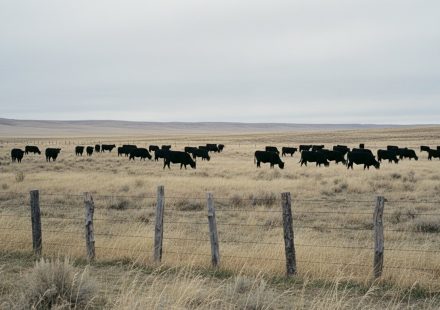 Black cattle grazing on dry rangeland behind a weathered barbed-wire fence, under an overcast sky with low hills on the horizon.