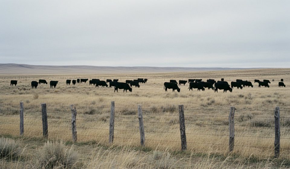 Black cattle grazing on dry rangeland behind a weathered barbed-wire fence, under an overcast sky with low hills on the horizon.
