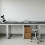 A near-empty laboratory bench along a white wall, holding a microscope, glassware and a pipette rack, with two cardboard boxes and a stool stored underneath.