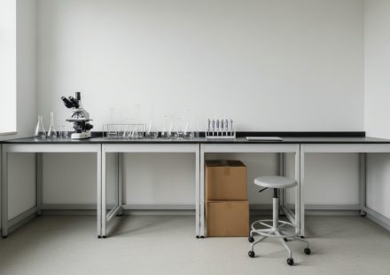 A near-empty laboratory bench along a white wall, holding a microscope, glassware and a pipette rack, with two cardboard boxes and a stool stored underneath.