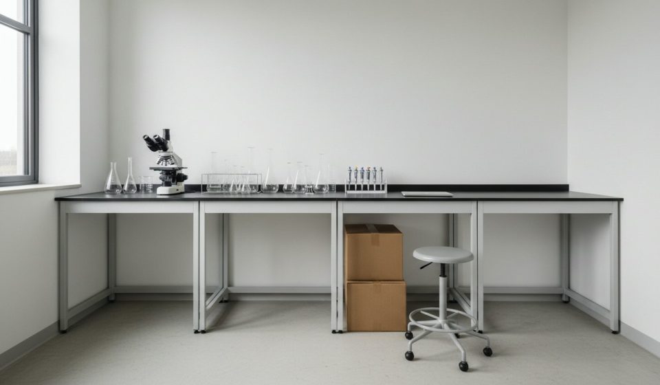 A near-empty laboratory bench along a white wall, holding a microscope, glassware and a pipette rack, with two cardboard boxes and a stool stored underneath.