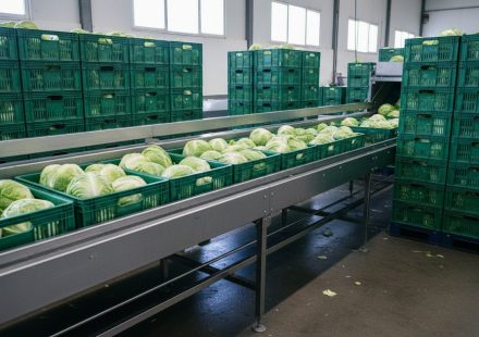 Heads of lettuce moving along a stainless-steel conveyor in green plastic crates inside a bright packing facility, with stacked crates on either side.
