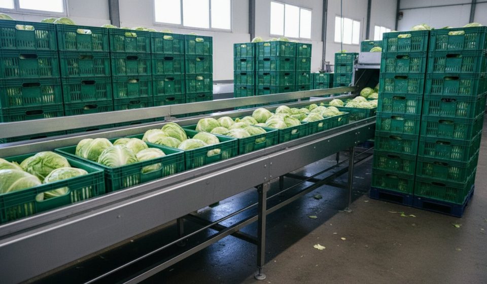 Heads of lettuce moving along a stainless-steel conveyor in green plastic crates inside a bright packing facility, with stacked crates on either side.