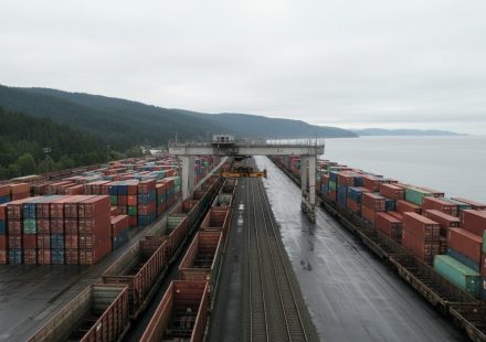 Aerial view of a rain-soaked container terminal beside a forested coastal inlet, with stacked shipping containers and freight rail cars flanking a gantry crane over the tracks.