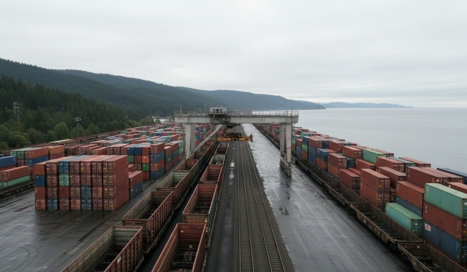 Aerial view of a rain-soaked container terminal beside a forested coastal inlet, with stacked shipping containers and freight rail cars flanking a gantry crane over the tracks.