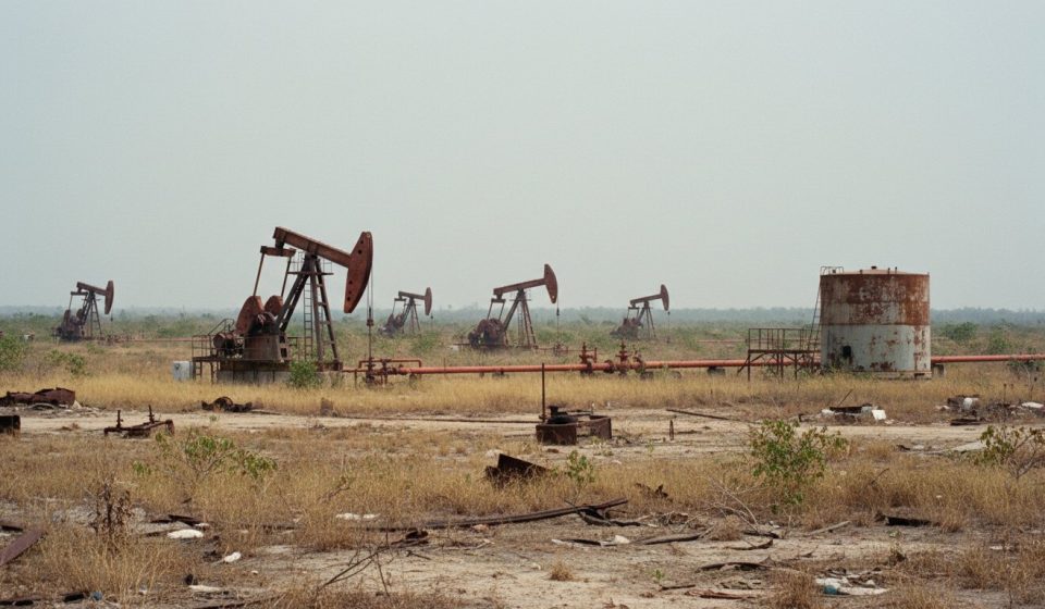 Several rusting oil pumpjacks and a corroded storage tank standing in a dry, scrubby field littered with abandoned pipe and debris under a pale hazy sky.