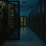 A dark data-centre aisle lit only by amber and green rack indicator lights, with one cabinet door standing open to reveal bundled network cabling.