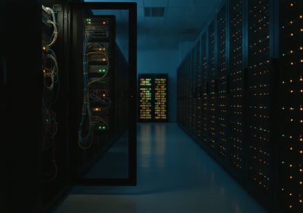 A dark data-centre aisle lit only by amber and green rack indicator lights, with one cabinet door standing open to reveal bundled network cabling.