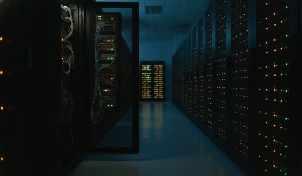 A dark data-centre aisle lit only by amber and green rack indicator lights, with one cabinet door standing open to reveal bundled network cabling.