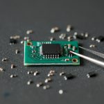 A small green circuit board carrying a black microcontroller chip on a grey work surface, surrounded by scattered surface-mount components, with fine tweezers reaching toward it.