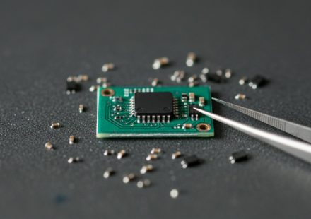 A small green circuit board carrying a black microcontroller chip on a grey work surface, surrounded by scattered surface-mount components, with fine tweezers reaching toward it.