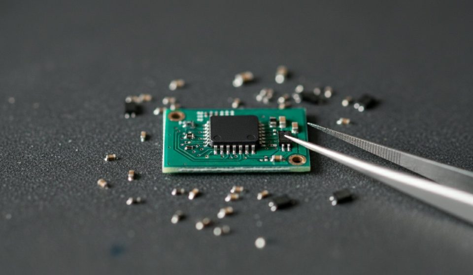 A small green circuit board carrying a black microcontroller chip on a grey work surface, surrounded by scattered surface-mount components, with fine tweezers reaching toward it.
