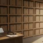 A stockroom counter with a tablet and a barcode scanner in front of a wall of wooden shelving filled with identical unlabelled cardboard boxes.