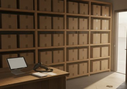 A stockroom counter with a tablet and a barcode scanner in front of a wall of wooden shelving filled with identical unlabelled cardboard boxes.