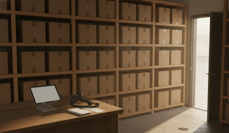 A stockroom counter with a tablet and a barcode scanner in front of a wall of wooden shelving filled with identical unlabelled cardboard boxes.