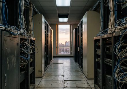 A dimly lit corridor of aging server racks with bundled cabling, one dead ceiling light panel, and warm sunset light through a window at the far end.