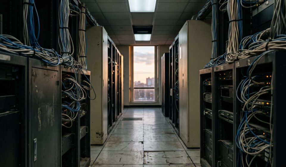 A dimly lit corridor of aging server racks with bundled cabling, one dead ceiling light panel, and warm sunset light through a window at the far end.