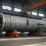 A large cylindrical steel reactor pressure vessel resting on orange cradles inside an industrial fabrication hall, surrounded by scaffolding beneath an overhead gantry crane.