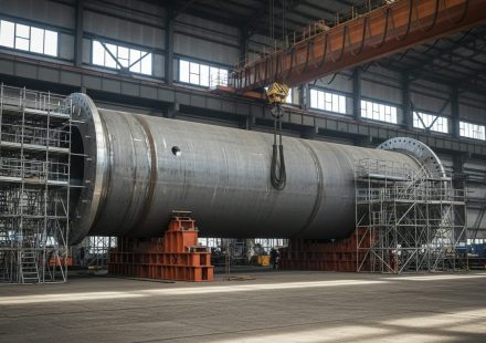 A large cylindrical steel reactor pressure vessel resting on orange cradles inside an industrial fabrication hall, surrounded by scaffolding beneath an overhead gantry crane.