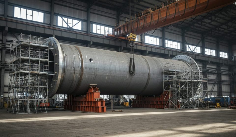 A large cylindrical steel reactor pressure vessel resting on orange cradles inside an industrial fabrication hall, surrounded by scaffolding beneath an overhead gantry crane.