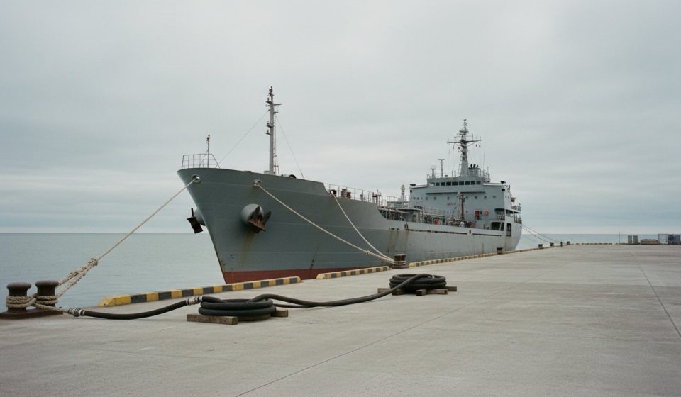 A grey naval support ship moored alongside a bare concrete pier under a flat overcast sky, mooring lines running to a bollard and coiled fuel hoses lying on the empty quay, with no crew in sight.