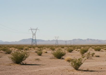Flat Arizona desert scrubland with a line of steel electricity transmission towers running toward bare hills on the horizon.
