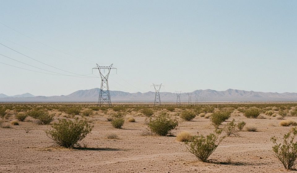Flat Arizona desert scrubland with a line of steel electricity transmission towers running toward bare hills on the horizon.
