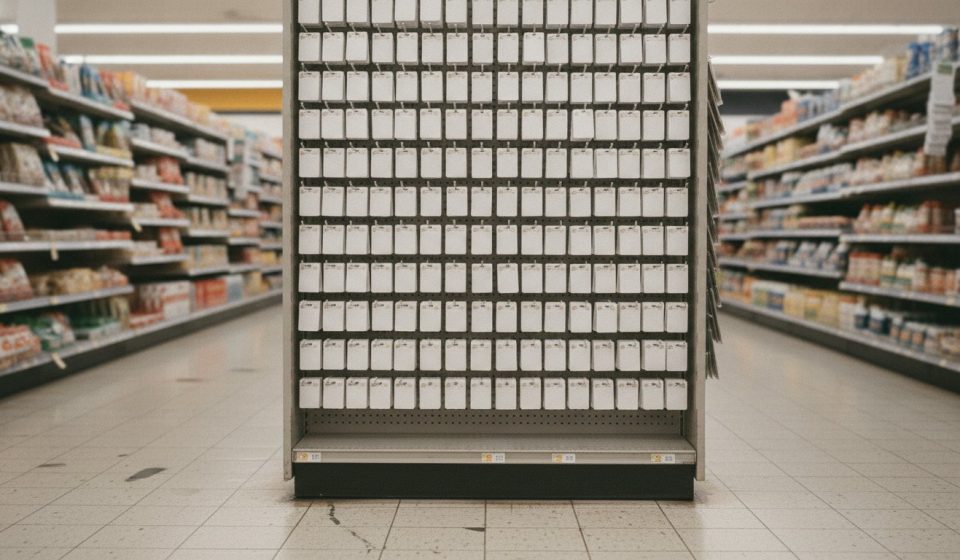 A supermarket end-cap rack filled with rows of identical blank white gift cards hanging on metal pegs, flanked by stocked grocery shelves under fluorescent light.
